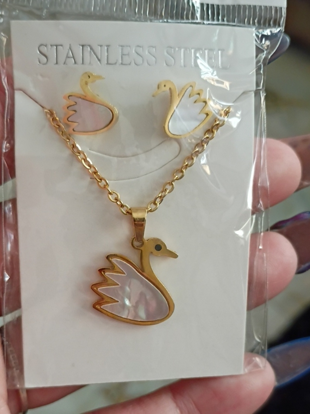 Gold Swan Pendant Necklace and Earrings Set with Iridescent White Inlay
